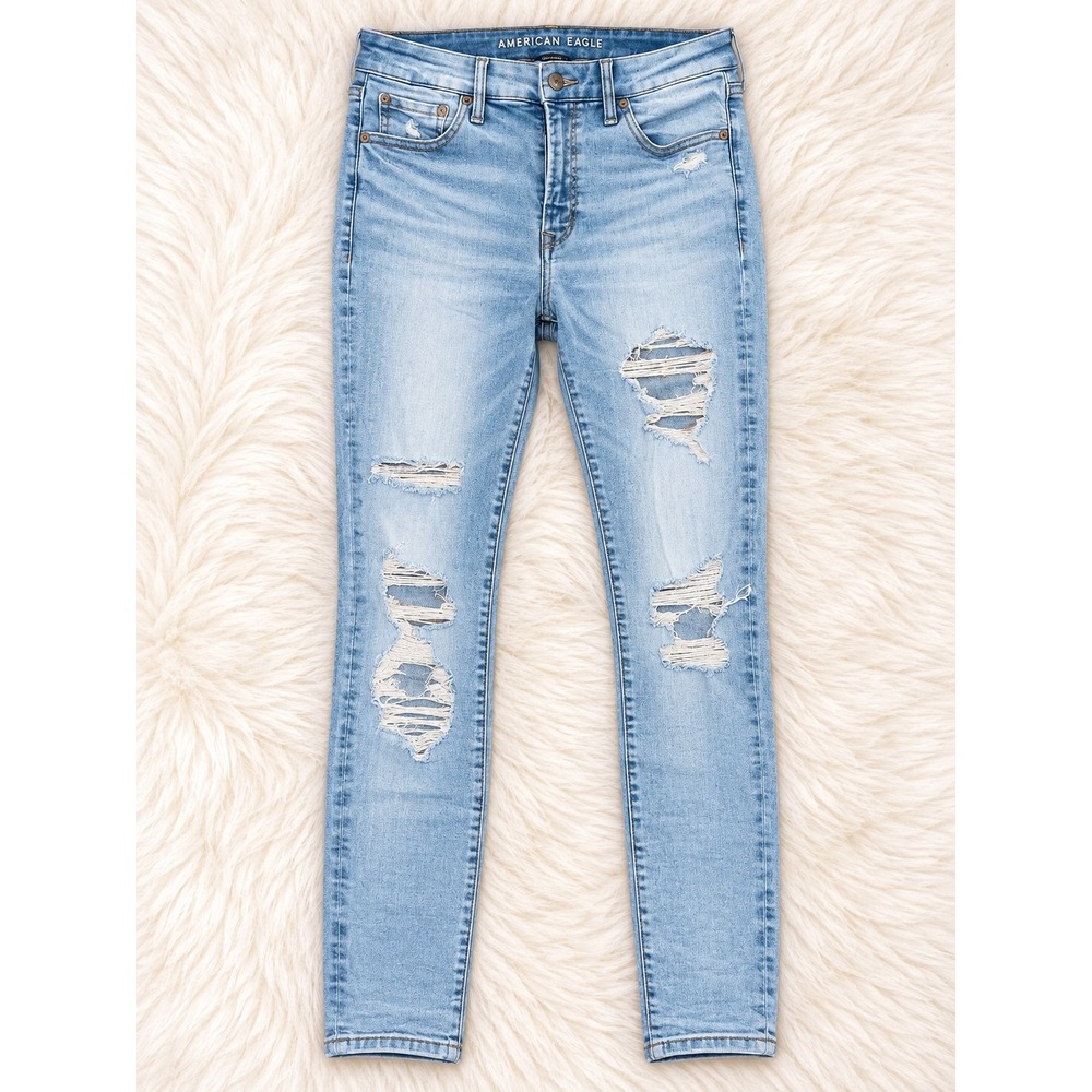 American Eagle Hi-Rise Jegging Light Wash Distressed Ripped Skinny Jeans Size 8
